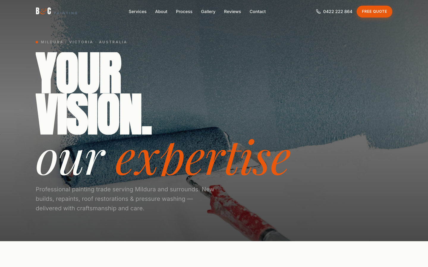 Screenshot of B&C Painting website hero, showing the headline 'Your vision, our expertise' over a paint roller image